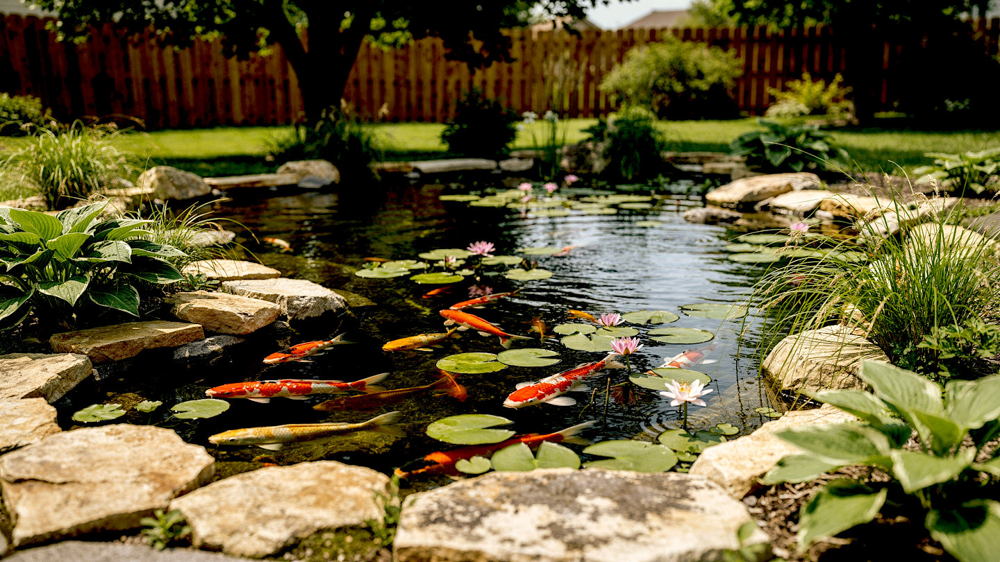 Illustration of a sunny Midwest backyard pond with red, white, and gold koi and goldfish among lily pads, limestone rocks, hostas, and a cedar fence. Actual fish vary.